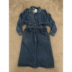 VTG 90s Together! Trench Coat Denim Duster Long Jean Missy 12 Blue Belted Pocket